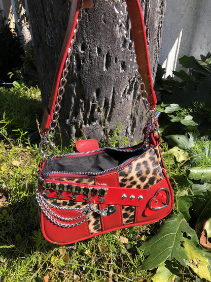 Run the Town y2k Red Shoulder Bag - Leopard Print