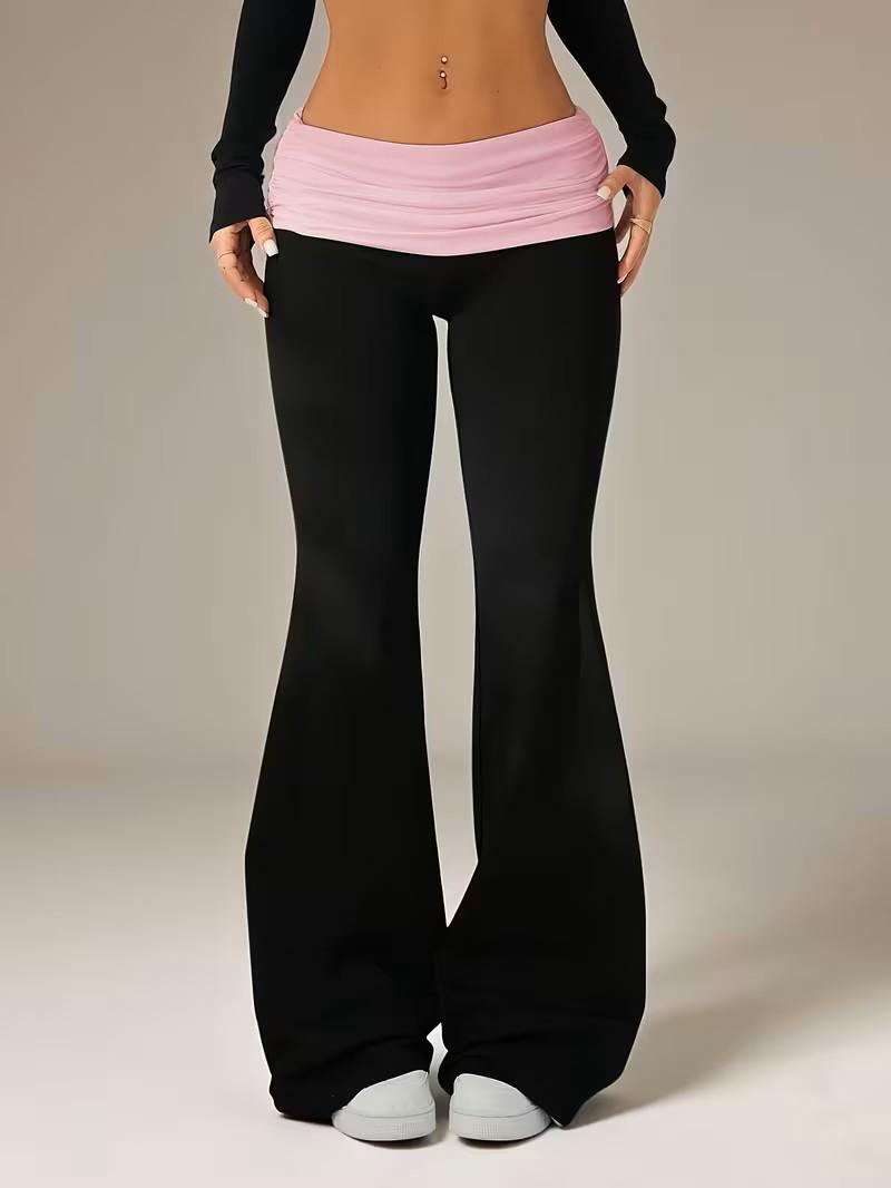 Low Rise Casual Fold over Patchwork Flare Pants | Polka Dot | Pink | White Contrast