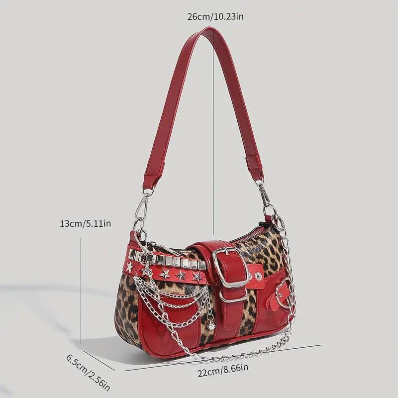 Run the Town y2k Red Shoulder Bag - Leopard Print