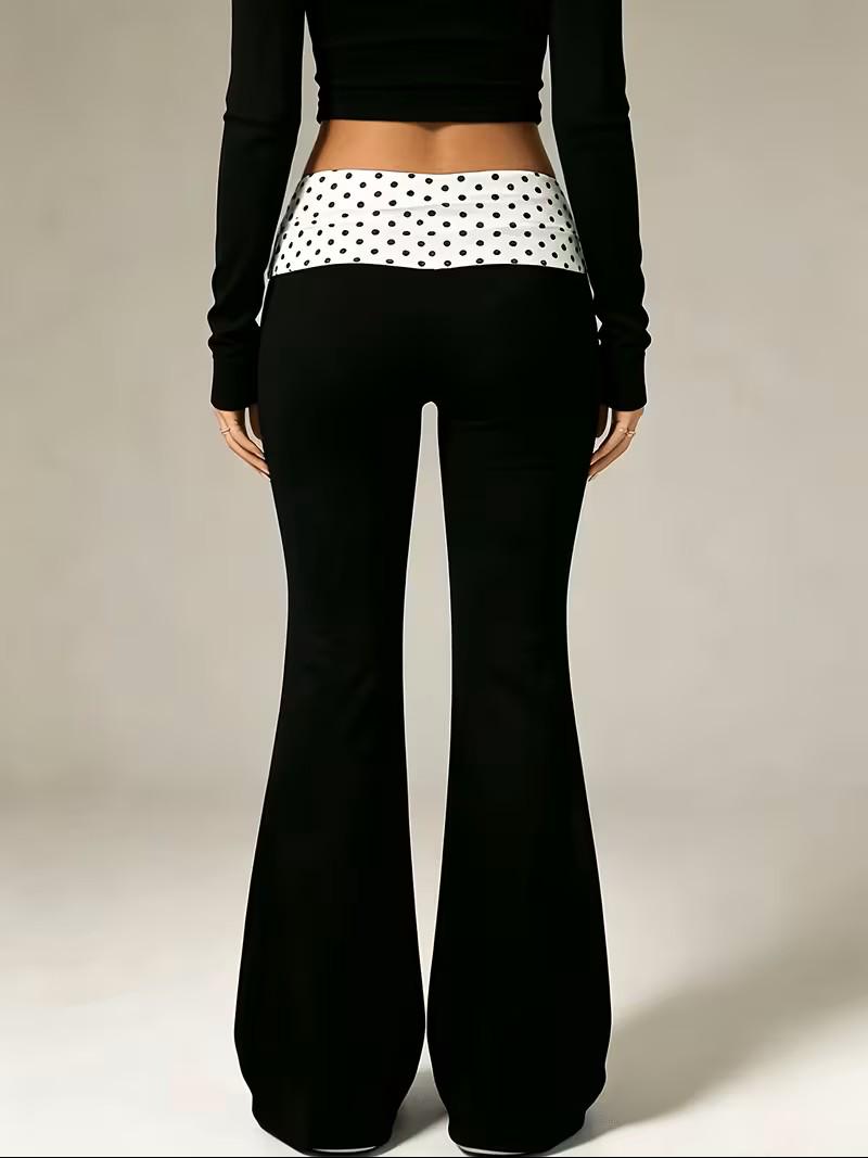 Low Rise Casual Fold over Patchwork Flare Pants | Polka Dot | Pink | White Contrast